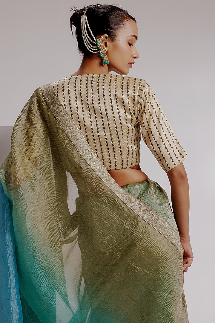 Aqua Ombre Pure Zari Crushed Tissue Hand Embroidered Wedding Saree Set by Taisha at Pernia's Pop Up Shop