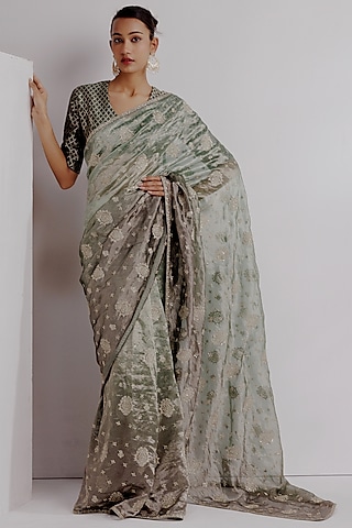 Sea Green Ombre Pure Zari Tissue Hand Embroidered Saree Set by Taisha