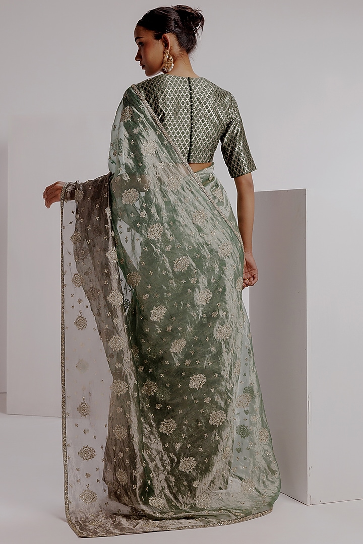 Sea Green Ombre Pure Zari Tissue Hand Embroidered Wedding Saree Set by Taisha at Pernia's Pop Up Shop