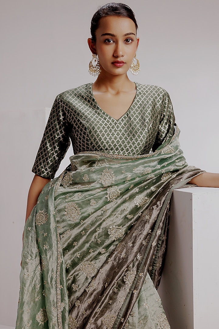 Sea Green Ombre Pure Zari Tissue Hand Embroidered Wedding Saree Set by Taisha at Pernia's Pop Up Shop