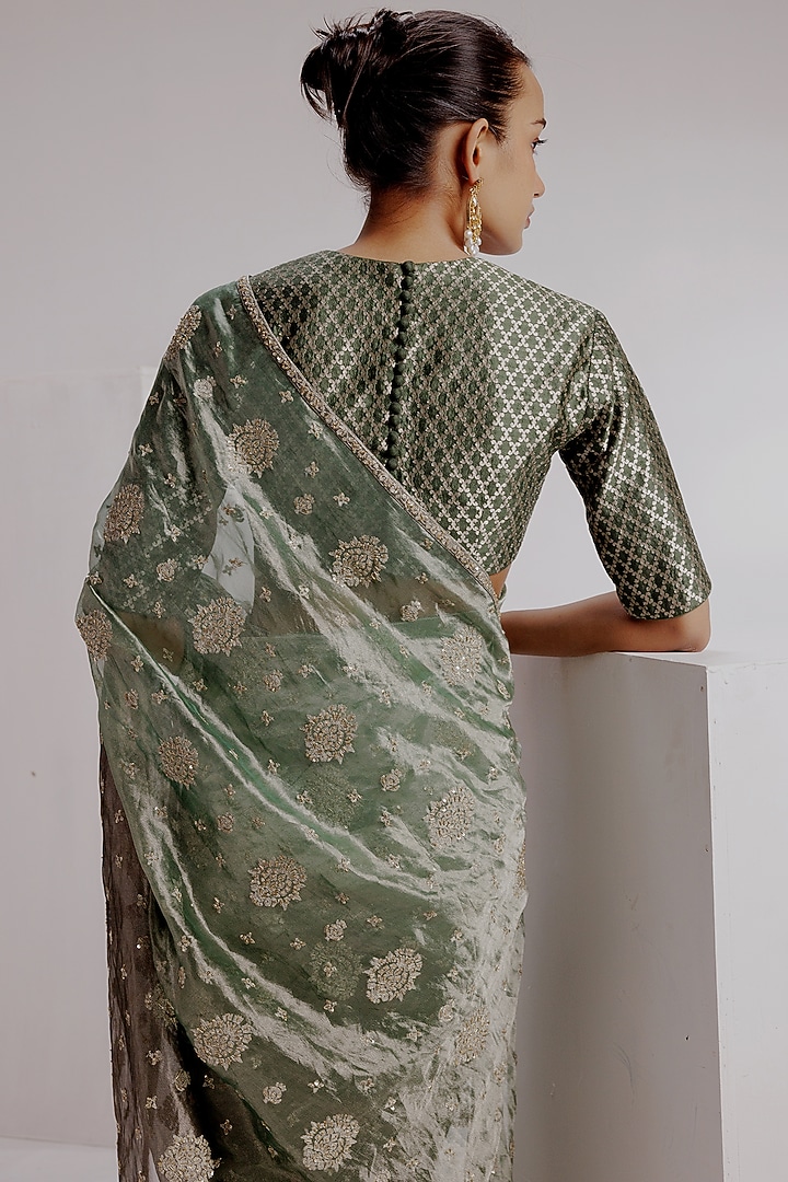 Sea Green Ombre Pure Zari Tissue Hand Embroidered Wedding Saree Set by Taisha at Pernia's Pop Up Shop