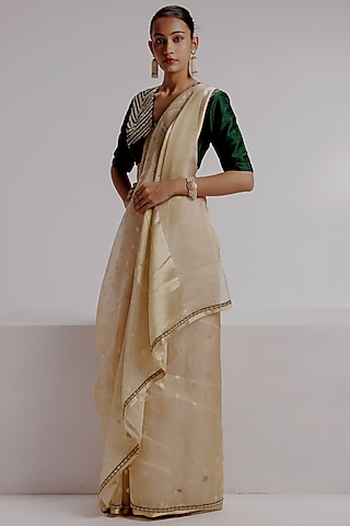 Multi-Colored Pure Zari Banarasi Tissue Hand Embroidered Saree Set by Taisha