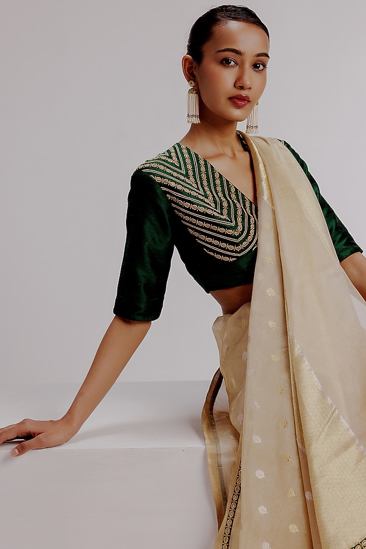 Multi-Colored Pure Zari Banarasi Tissue Hand Embroidered Wedding Saree Set by Taisha at Pernia's Pop Up Shop