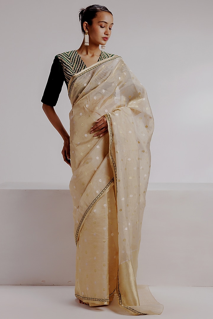 Multi-Colored Pure Zari Banarasi Tissue Hand Embroidered Wedding Saree Set by Taisha at Pernia's Pop Up Shop