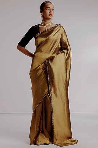 Gold Pure Banarasi Katan Hand Embroidered Saree Set by Taisha