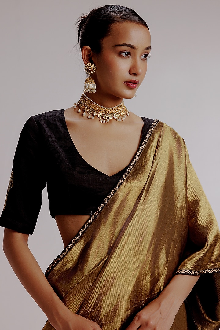 Gold Pure Banarasi Katan Hand Embroidered Wedding Saree Set by Taisha at Pernia's Pop Up Shop