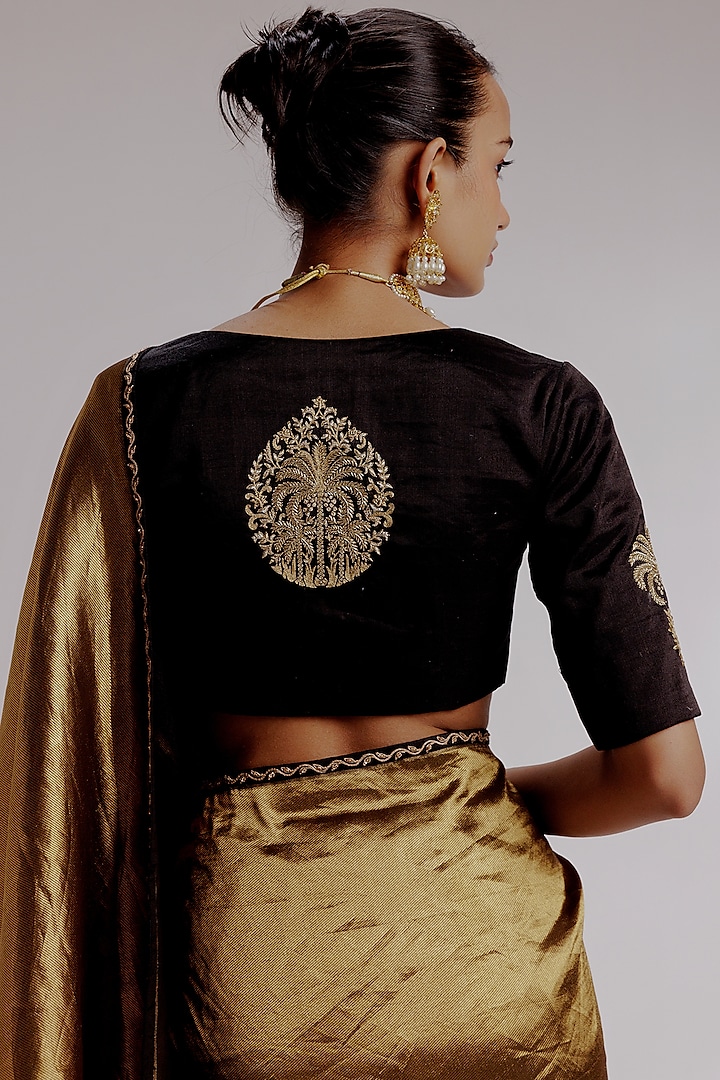 Gold Pure Banarasi Katan Hand Embroidered Wedding Saree Set by Taisha at Pernia's Pop Up Shop