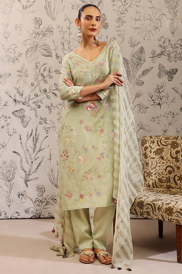 Green Pure Malai Chanderi Kurta Set by Taisha at Pernia's Pop Up Shop