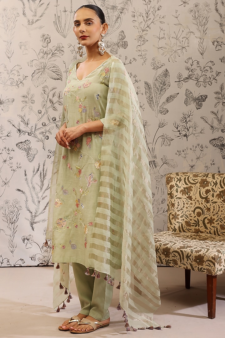 Green Pure Malai Chanderi Kurta Set by Taisha at Pernia's Pop Up Shop