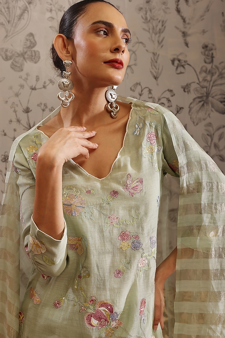 Green Pure Malai Chanderi Kurta Set by Taisha at Pernia's Pop Up Shop