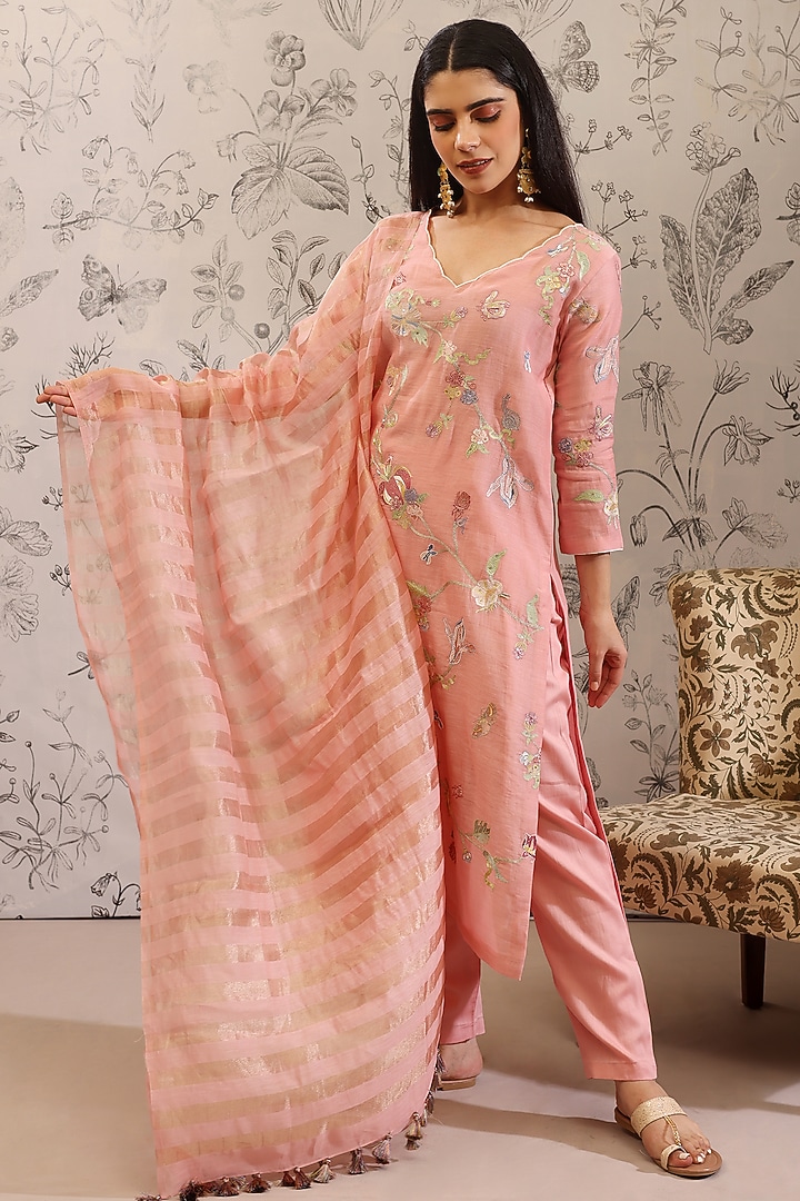 Pink Pure Malai Chanderi Kurta Set by Taisha at Pernia's Pop Up Shop