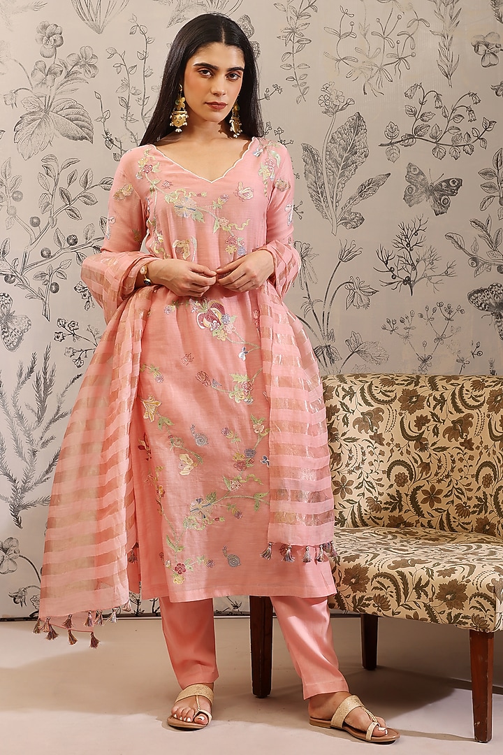 Pink Pure Malai Chanderi Kurta Set by Taisha at Pernia's Pop Up Shop