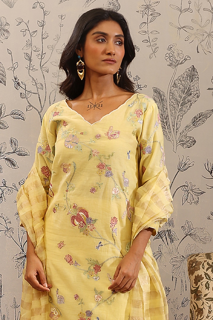 Yellow Pure Malai Chanderi Kurta Set by Taisha at Pernia's Pop Up Shop