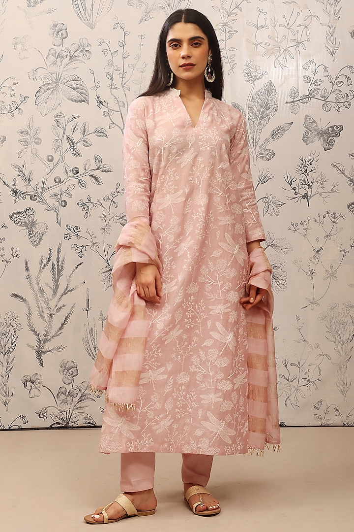 Pink Pure Malai Chanderi Kurta Set by Taisha at Pernia's Pop Up Shop
