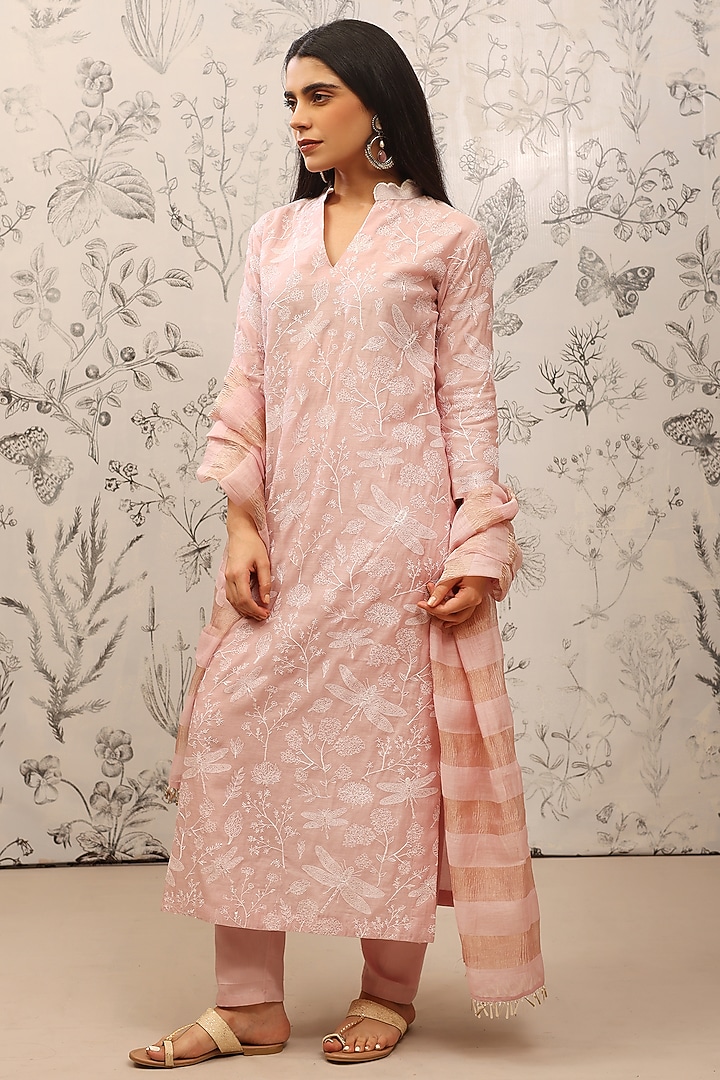 Pink Pure Malai Chanderi Kurta Set by Taisha at Pernia's Pop Up Shop