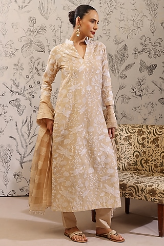 Beige Pure Malai Chanderi Kurta Set by Taisha