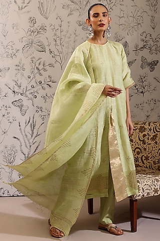 Green Pure Linen Sequins Work Woven Kurta Set by Taisha