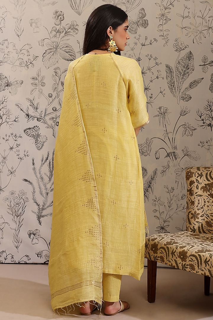 Yellow Pure Linen Sequins Work Woven Kurta Set by Taisha at Pernia's Pop Up Shop