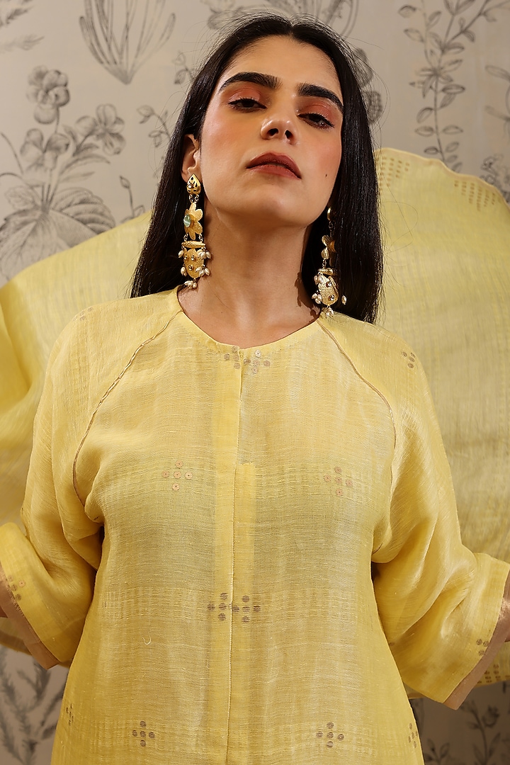 Yellow Pure Linen Sequins Work Woven Kurta Set by Taisha at Pernia's Pop Up Shop
