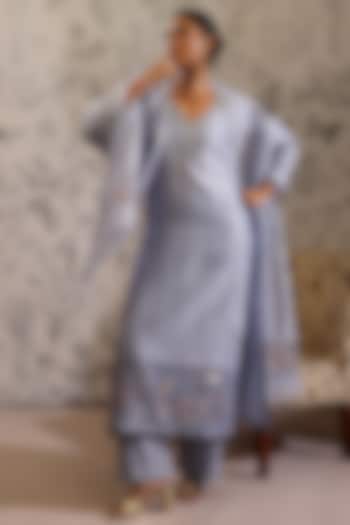 Blue Pure Linen Sequins Work Woven Jamdani Kurta Set by Taisha at Pernia's Pop Up Shop