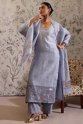 Blue Pure Linen Sequins Work Woven Jamdani Kurta Set by Taisha