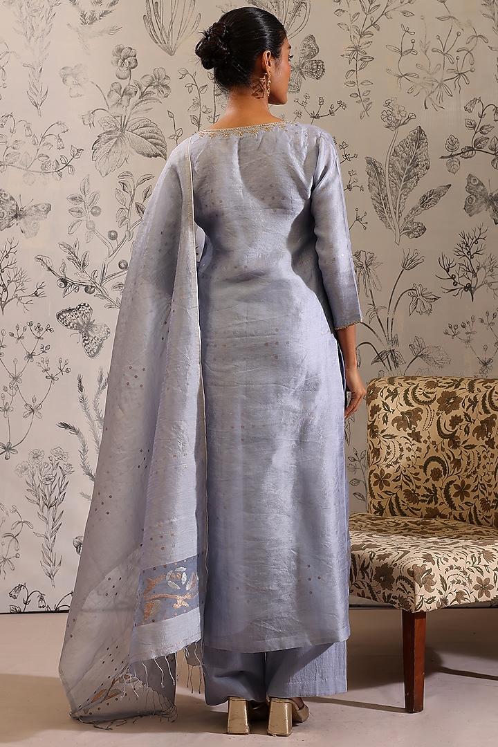 Blue Pure Linen Sequins Work Woven Jamdani Kurta Set by Taisha at Pernia's Pop Up Shop