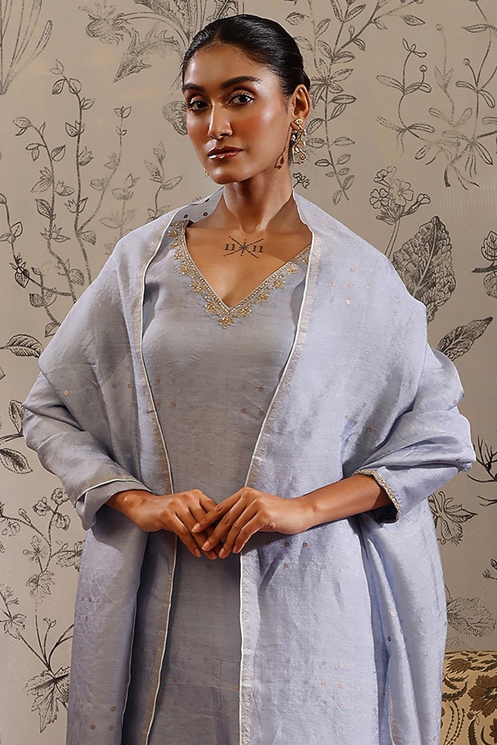Blue Pure Linen Sequins Work Woven Jamdani Kurta Set by Taisha at Pernia's Pop Up Shop