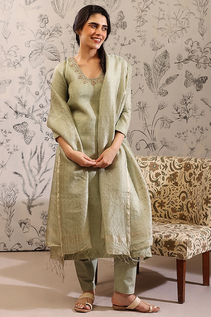 Green Pure Silk Organza Sequins Work Kurta Set by Taisha at Pernia's Pop Up Shop