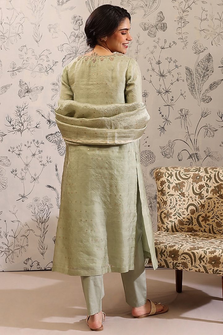 Green Pure Silk Organza Sequins Work Kurta Set by Taisha at Pernia's Pop Up Shop