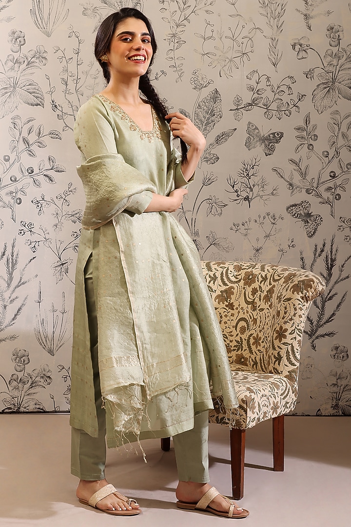 Green Pure Silk Organza Sequins Work Kurta Set by Taisha at Pernia's Pop Up Shop