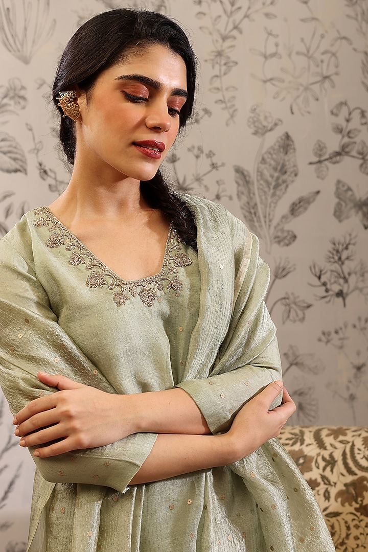 Green Pure Silk Organza Sequins Work Kurta Set by Taisha at Pernia's Pop Up Shop