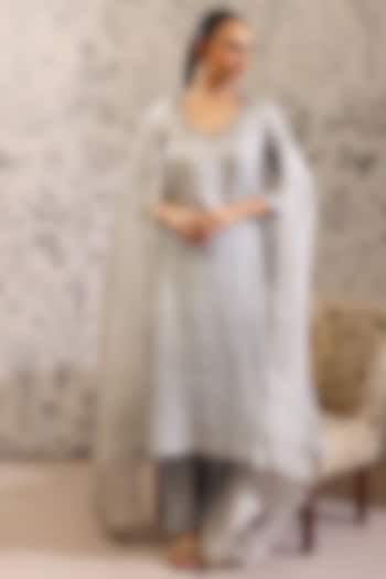 Blue Pure Silk Organza Sequins Work Kurta Set by Taisha at Pernia's Pop Up Shop