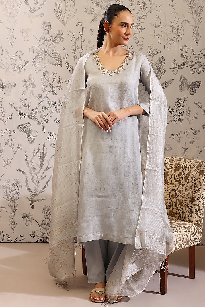 Blue Pure Silk Organza Sequins Work Kurta Set by Taisha at Pernia's Pop Up Shop