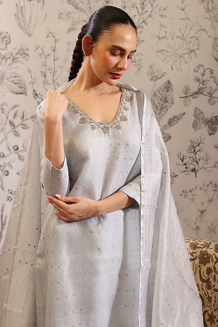 Blue Pure Silk Organza Sequins Work Kurta Set by Taisha at Pernia's Pop Up Shop