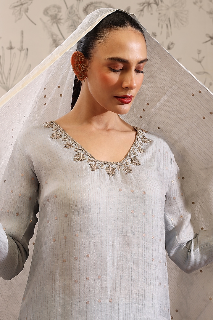 Blue Pure Silk Organza Sequins Work Kurta Set by Taisha at Pernia's Pop Up Shop