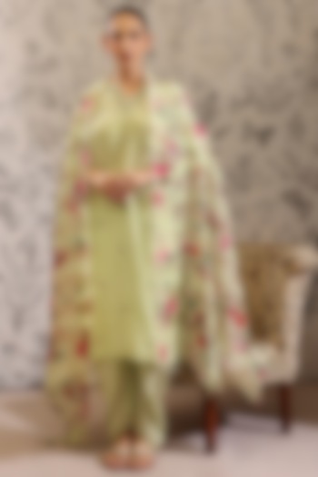 Green Pure Malai Chanderi Kurta Set by Taisha at Pernia's Pop Up Shop