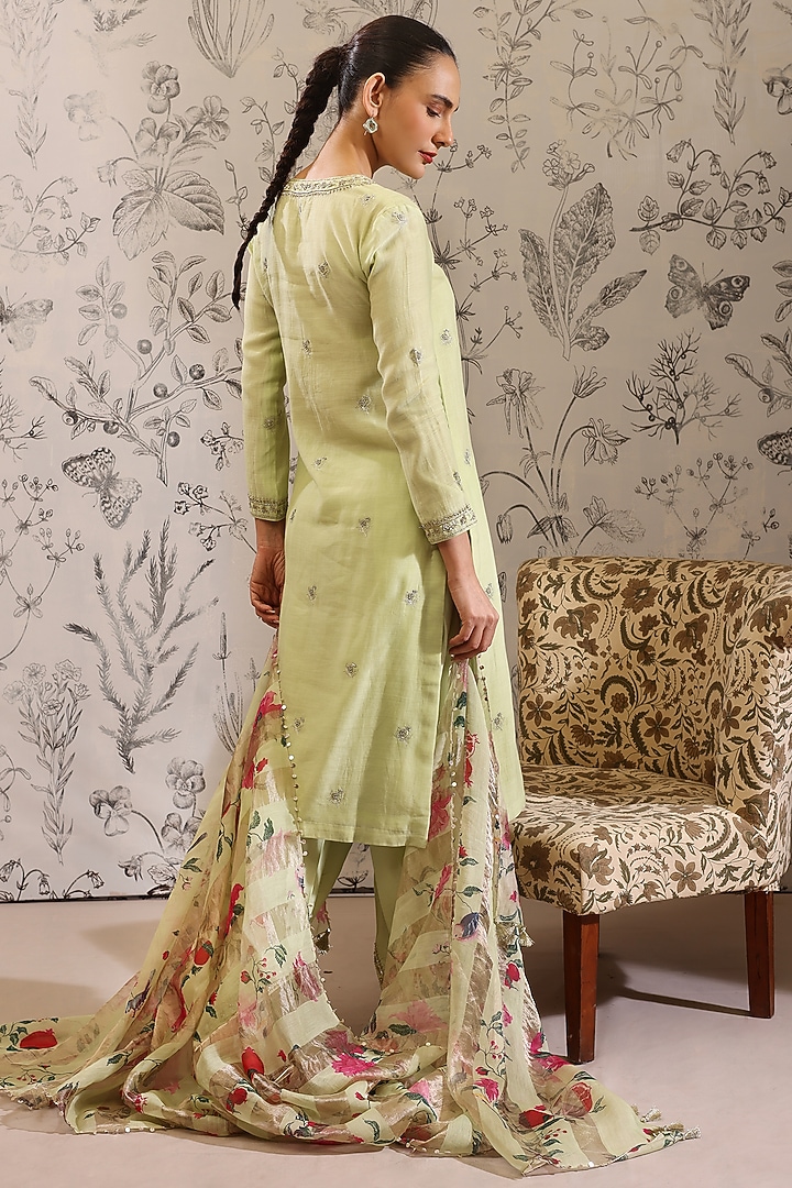 Green Pure Malai Chanderi Kurta Set by Taisha at Pernia's Pop Up Shop