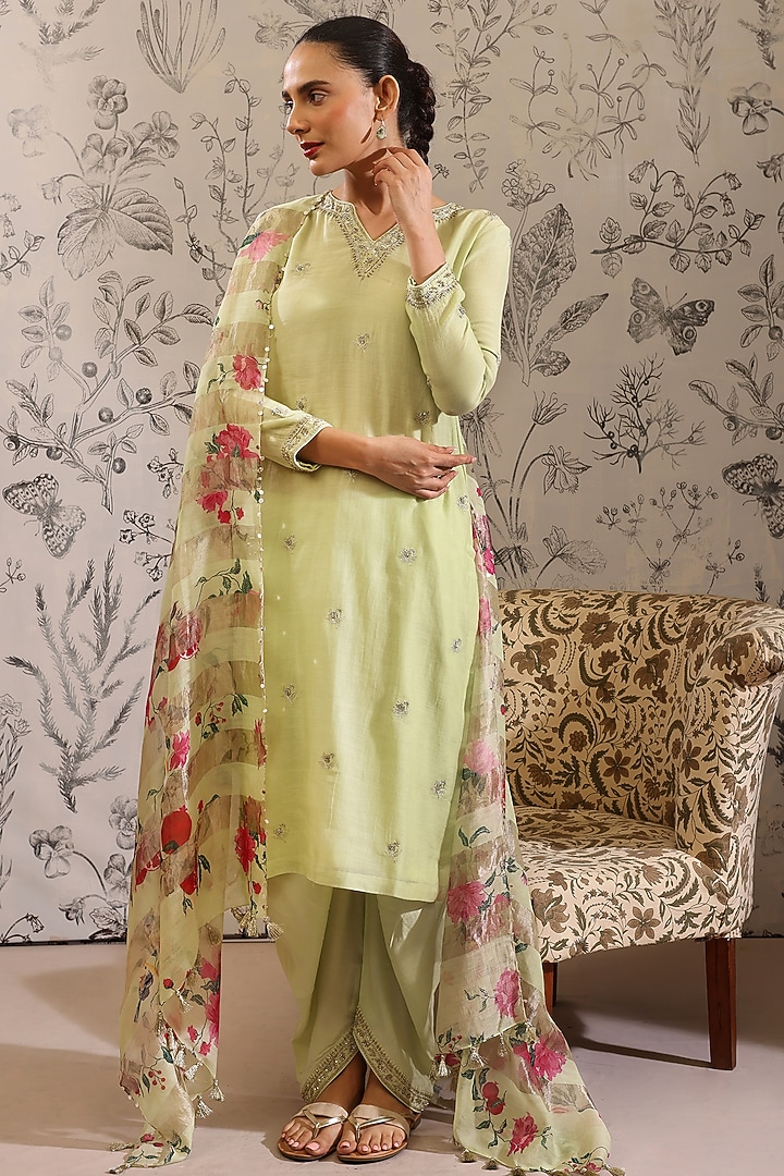 Green Pure Malai Chanderi Kurta Set by Taisha at Pernia's Pop Up Shop