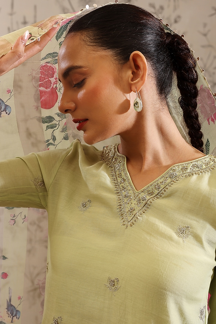 Green Pure Malai Chanderi Kurta Set by Taisha at Pernia's Pop Up Shop