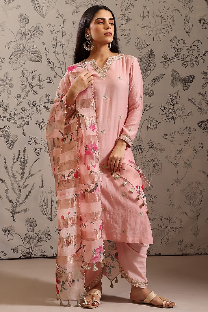 Pink Pure Malai Chanderi Kurta Set by Taisha at Pernia's Pop Up Shop