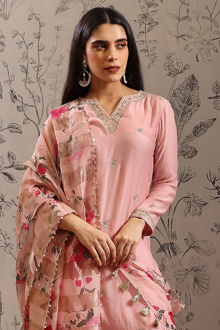 Pink Pure Malai Chanderi Kurta Set by Taisha at Pernia's Pop Up Shop