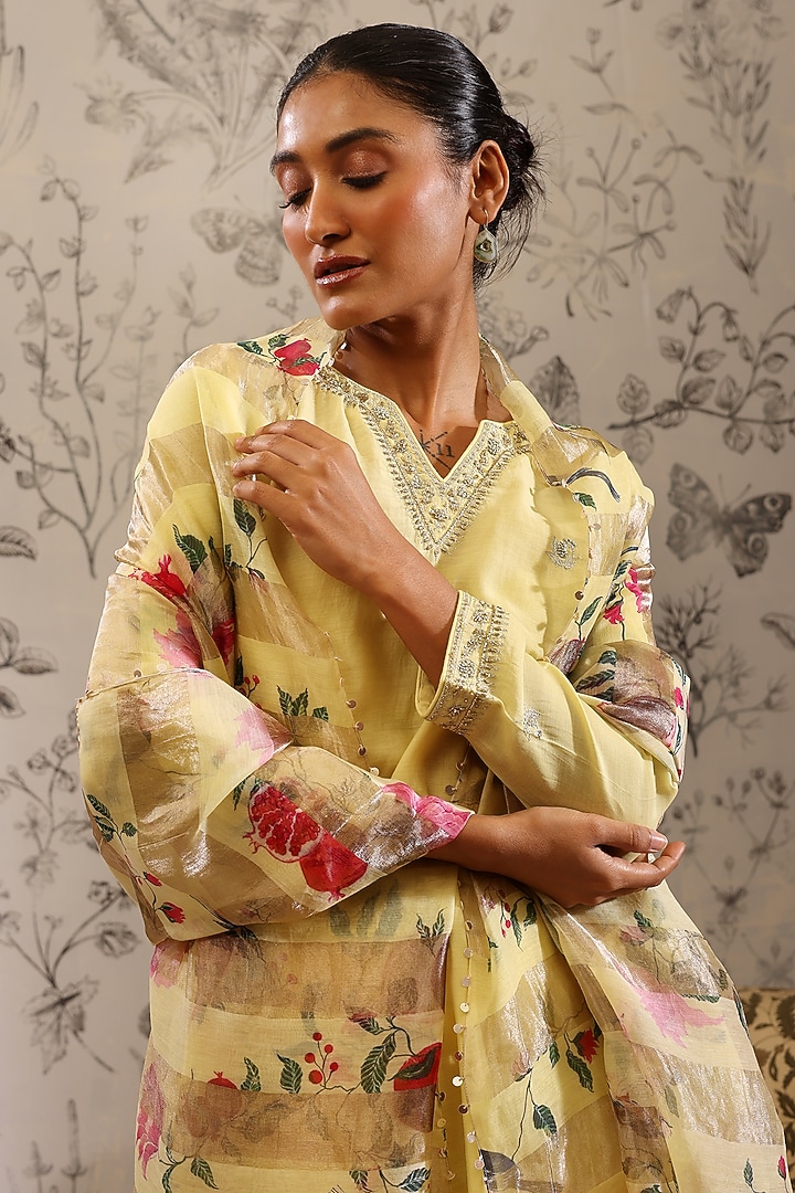 Yellow Malai Chanderi Kurta Set by Taisha at Pernia's Pop Up Shop