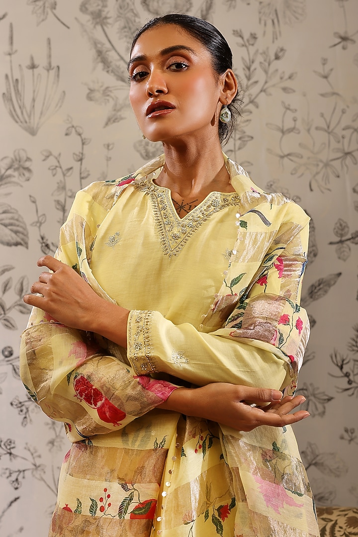 Yellow Malai Chanderi Kurta Set by Taisha at Pernia's Pop Up Shop