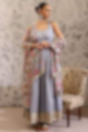 Blue Malai Chanderi Zari Embroidered Party Wear Anarkali Set by Taisha at Pernia's Pop Up Shop