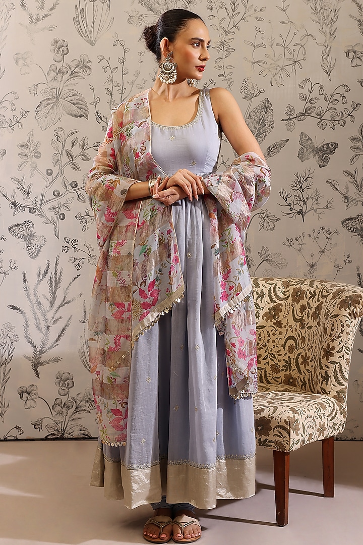 Blue Malai Chanderi Zari Embroidered Party Wear Anarkali Set by Taisha at Pernia's Pop Up Shop