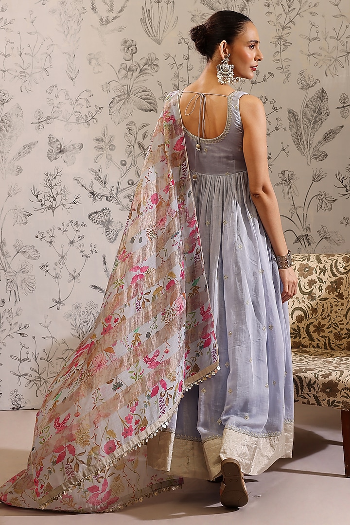 Blue Malai Chanderi Zari Embroidered Party Wear Anarkali Set by Taisha at Pernia's Pop Up Shop