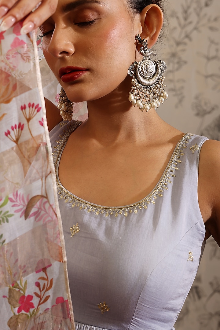 Blue Malai Chanderi Zari Embroidered Party Wear Anarkali Set by Taisha at Pernia's Pop Up Shop