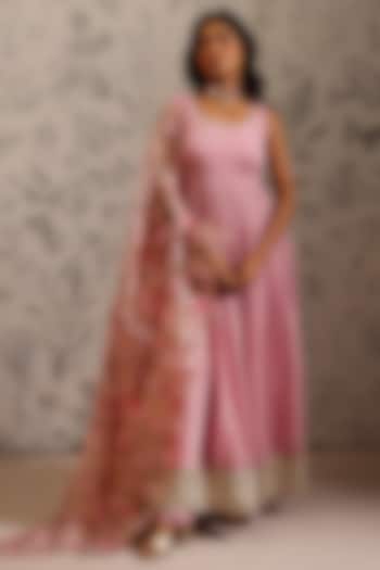 Pink Malai Chanderi Zari Embroidered Party Wear Anarkali Set by Taisha at Pernia's Pop Up Shop