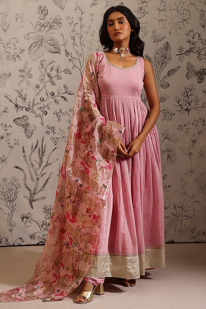 Pink Malai Chanderi Zari Embroidered Party Wear Anarkali Set by Taisha at Pernia's Pop Up Shop