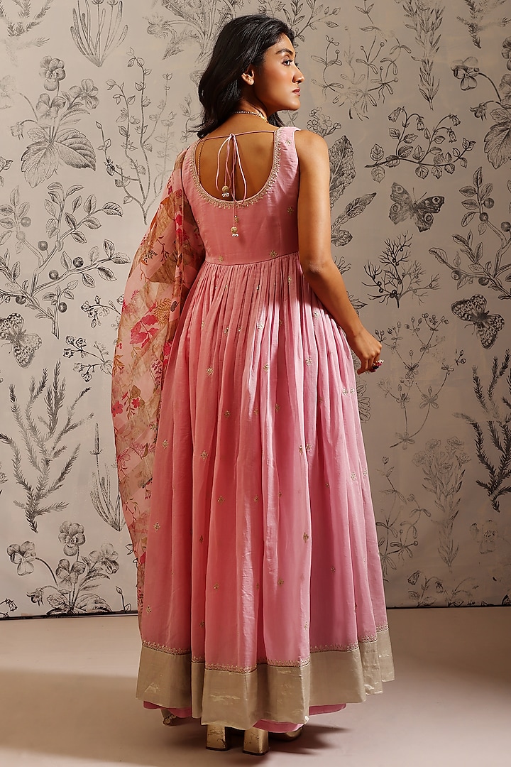 Pink Malai Chanderi Zari Embroidered Party Wear Anarkali Set by Taisha at Pernia's Pop Up Shop